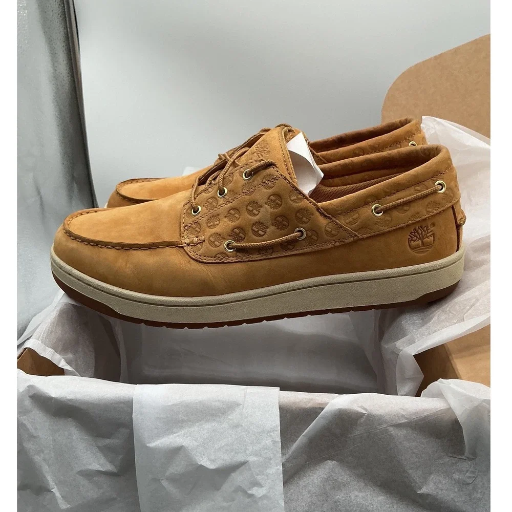 Timberland Mens Wheat Nubuck Logo Embossed Boat Shoes Loafers 45596 Size 10.5M